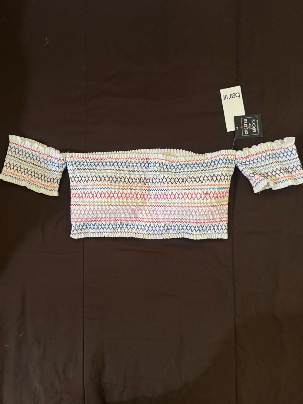 Bar III White Smocked Off-Shoulder Bikini Top with Rainbow Stitching